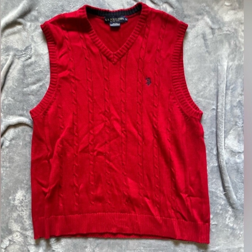 U.S. Polo Assn. Men's Large Red Cable Knit V-Neck Sweater Vest Cotton